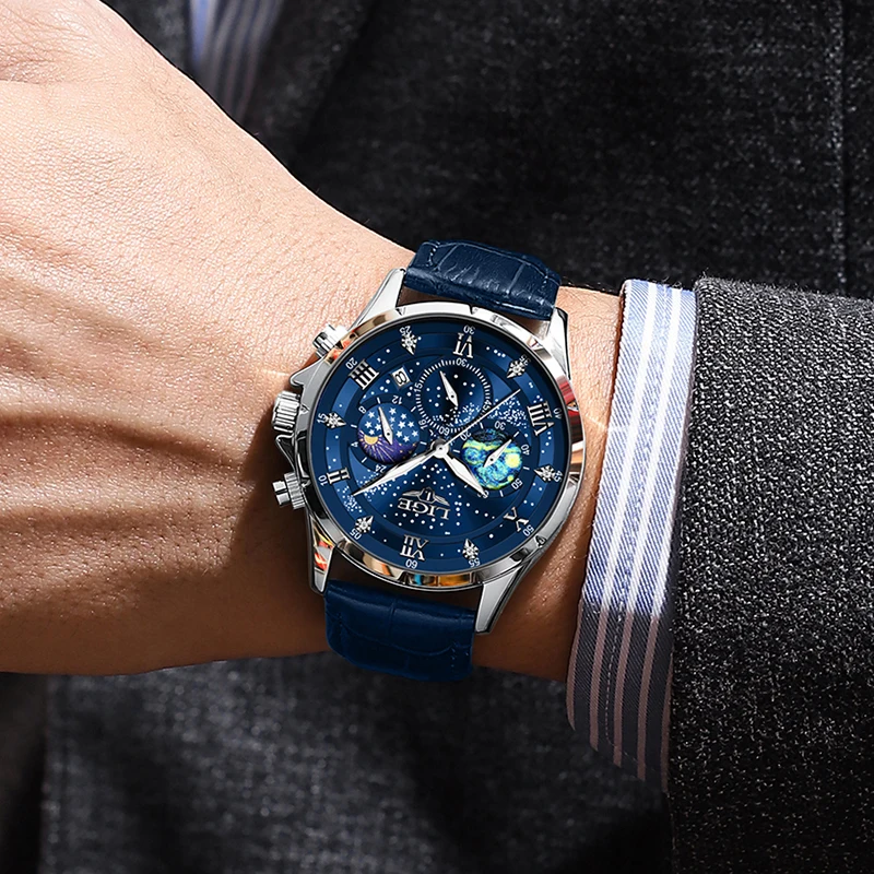 Lige Herren uhr Luxus wasserdichte männliche Uhr Mondphase Datum lässig blau Leder Quarz Armbanduhr Männer Chronograph montre homme