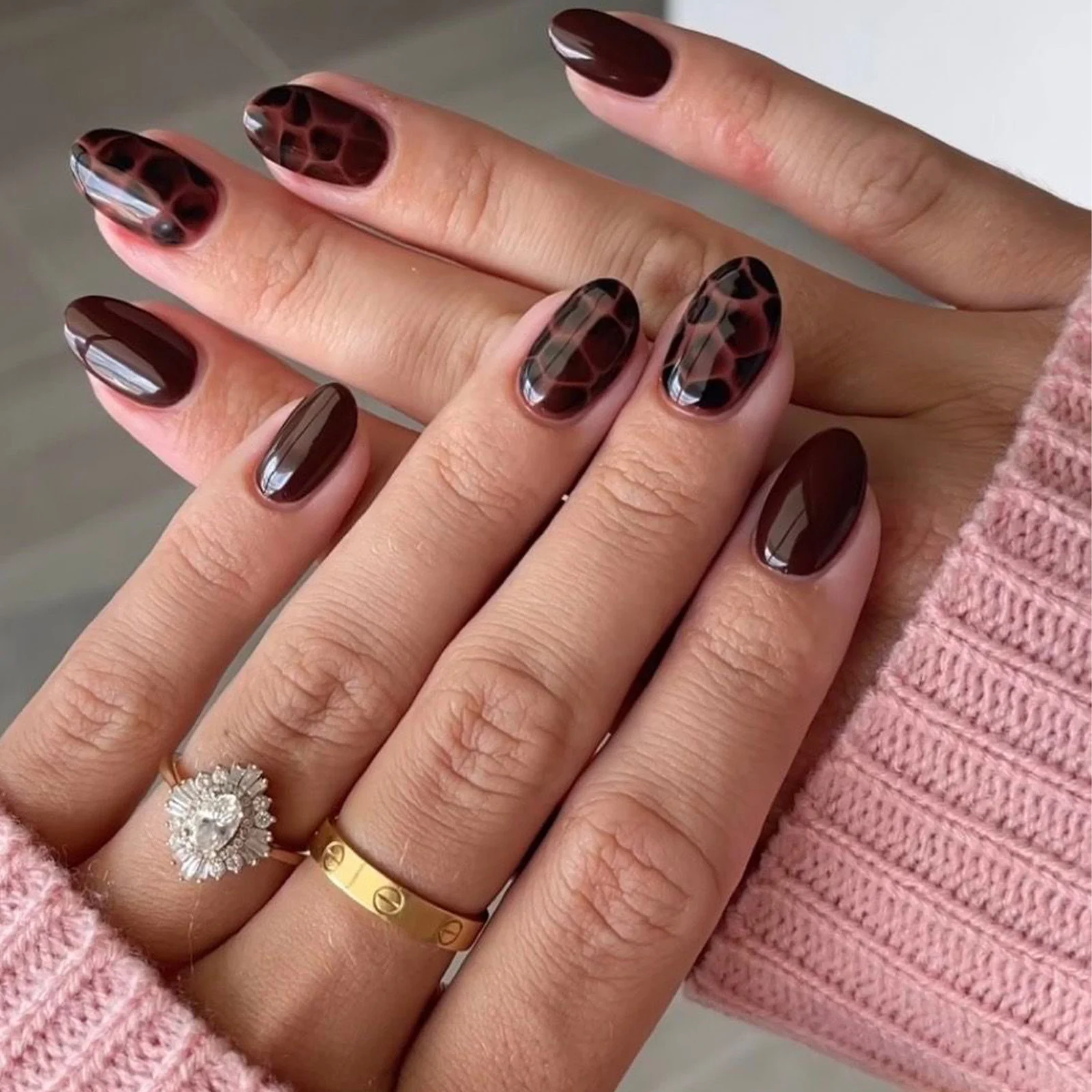 Autumn Winter New Style Tortoiseshell Short Almond Nails False Nails Nail Tips Wearable Nail Art Cross-Border Trade Nail Pieces