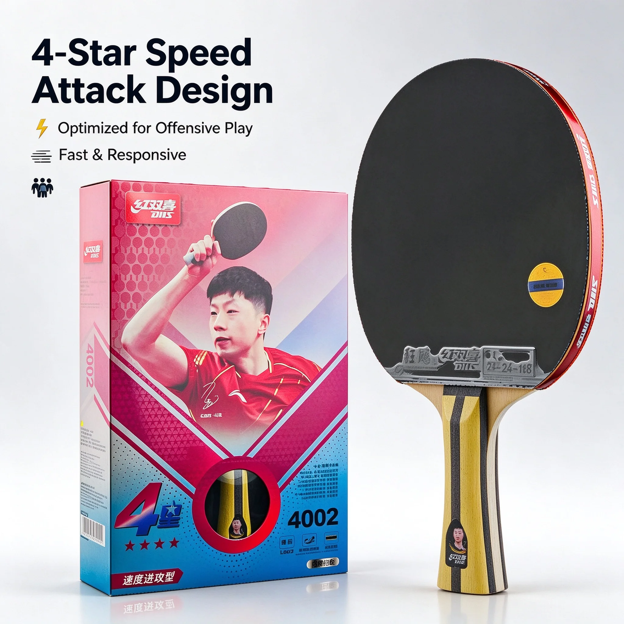 Original DHS 4 Star 4002/4006 Table Tennis Racket Professional 5 Wood 2 Offensive Ping Pong Racket with Hurricane Sticky Rubber