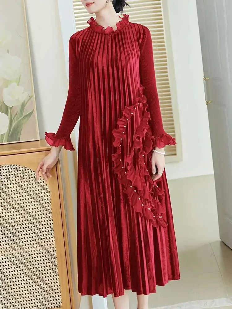 

Miyake Style Pleated Velvet A Line Dresses for Women Fungus Evening Party Beading Full Sleeve Elegant Lady New Long Dress