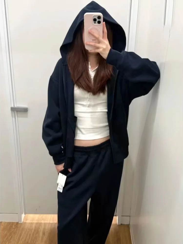 Japanese Korean Retro Classic Solid Hooded Loose Zipper Hoodie 2026 Autumn Casual Fashion Basic Commuting Jacket Female Clothing