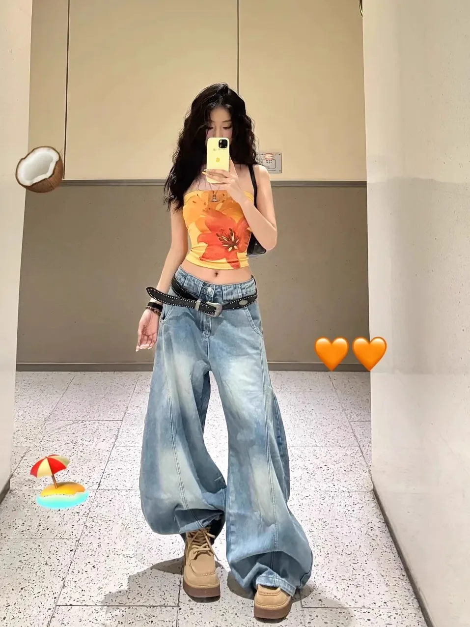 กางเกงยีนส์ทรงวินเทจเอวสูงแบบเว้าข้าง ทรงขากว้างลากพื้น สไตล์อเมริกัน สำหรับผู้หญิง ใส่สบาย ทรงหลวม ใส่ได้ในฤดูร้อน
