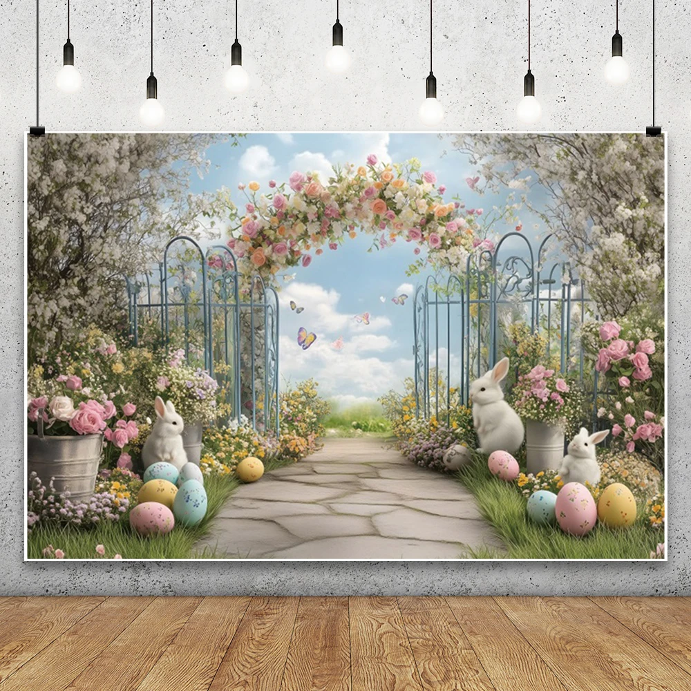 أرنب عيد الفصح خلفية عيد الفصح الأرنب الملونة البيض سياج الربيع حديقة التصوير خلفية عطلة الصورة استوديو تبادل لاطلاق النار