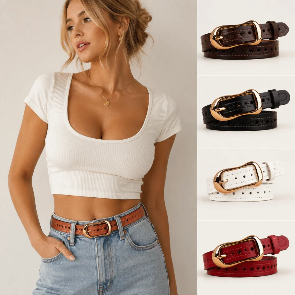 Gold Pin Buckle Hollow Eyelet Belt Adjustable Multi Hole Oval Metal Buckle Waist Strap Belt Classic Design Perforated Leather
