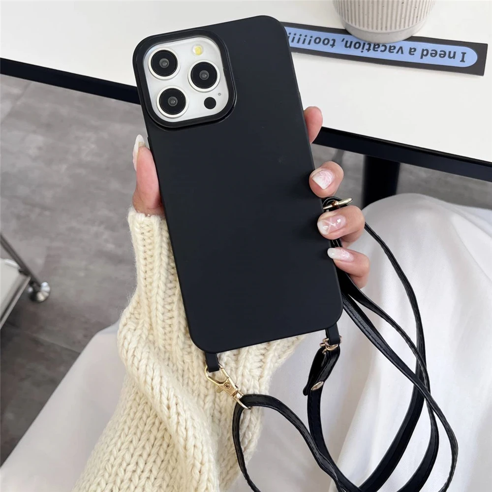 Crossbody Leather PU Chain Lanyard Necklace Soft Silicone Case For iPhone 16 15 11 12 13 14 Pro Max XS X Plus Solid Color Cover