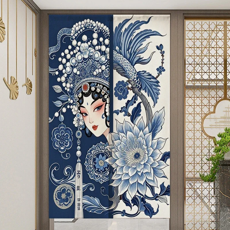 Retro Chinese Style Noren Door Curtain Opera Character Pattern Room Divider Curtain For Tea Room Restaurant Decor