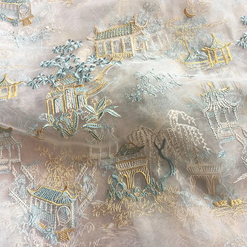 Chinese Pavilions Ancient Embroidery Pavilions Towers Organza Embroidered Chiffon Women\'s Dress Fabric