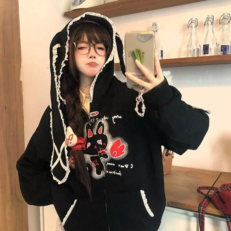 Felpa con cappuccio patchwork in pizzo giapponese Kawaii autunno donna Y2k giacca allentata vintage casual dolce cappotto anni 2000 2025 Chic