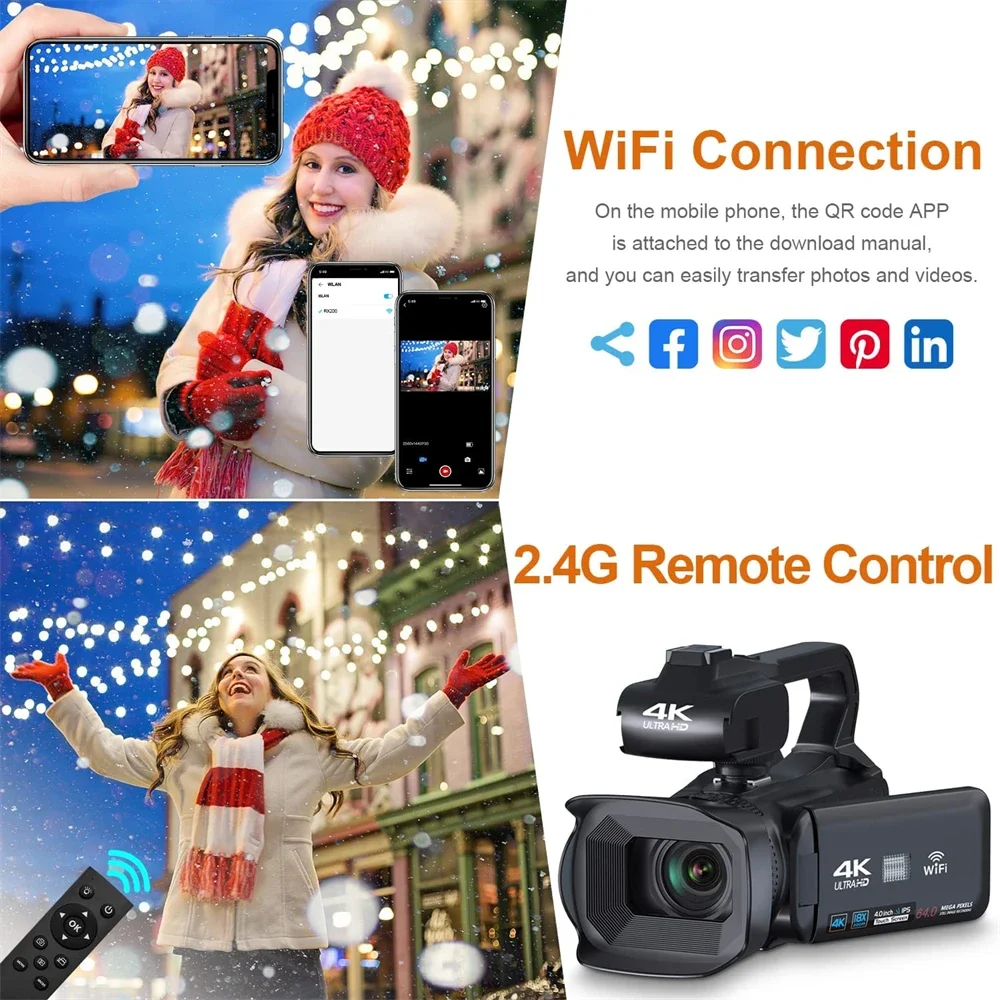 4K Professional Video Camera 18x Digitale Zoom Camcorder Wifi 64MP Youtube Vlog Film Camera 4.0 