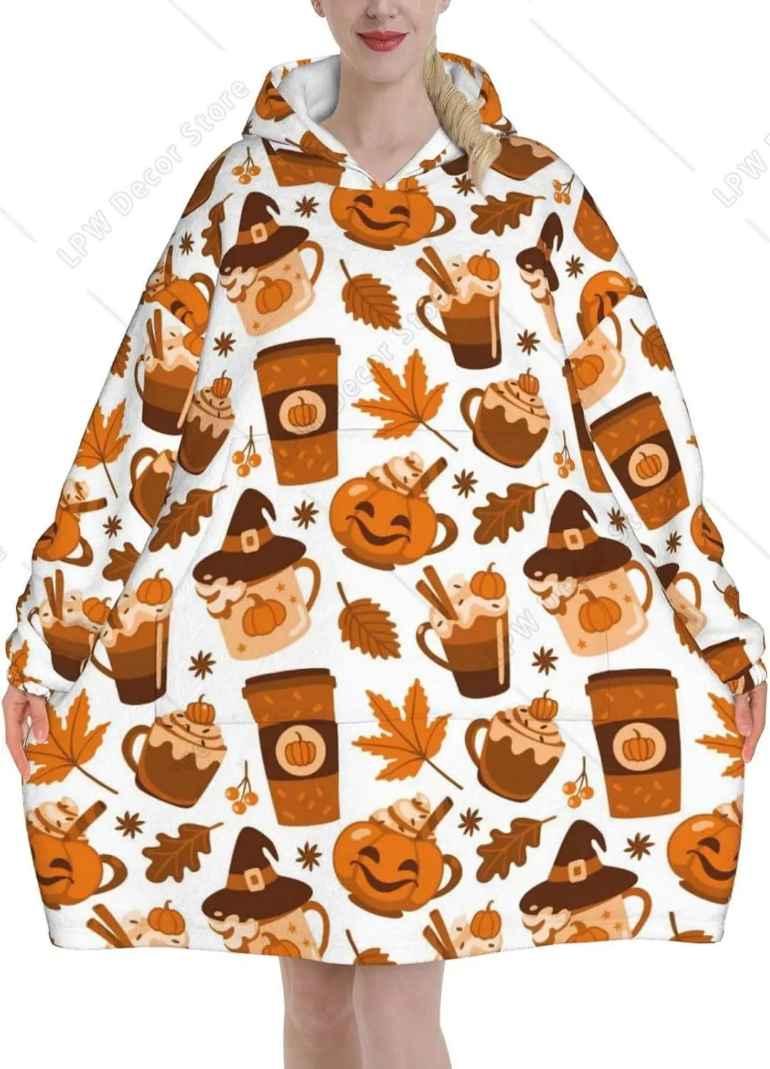 Oversized Fall Pumpkin Spice Coffee Wearable Blanket Hoodie for Adults Flannel Hooded Blanket Sweatshirt Soft Warm With Pockets