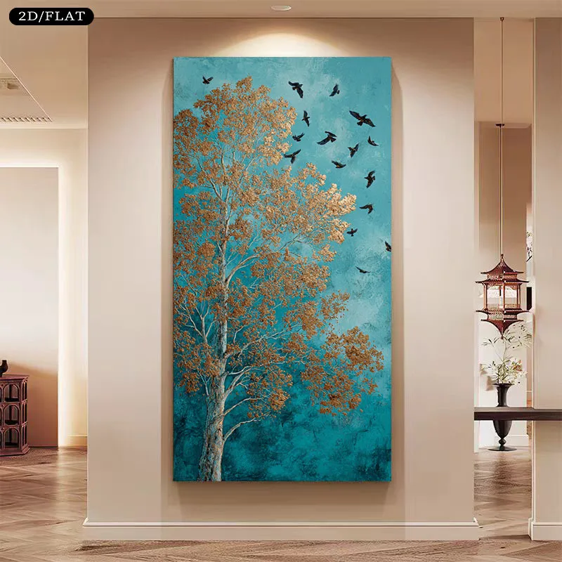 1pc frameless Canvas Painting 2D/Flat 1pc Extra Large Turquoise Blue & Golden Leaf Canvas Print, Unframed Modern Turquoise Golde