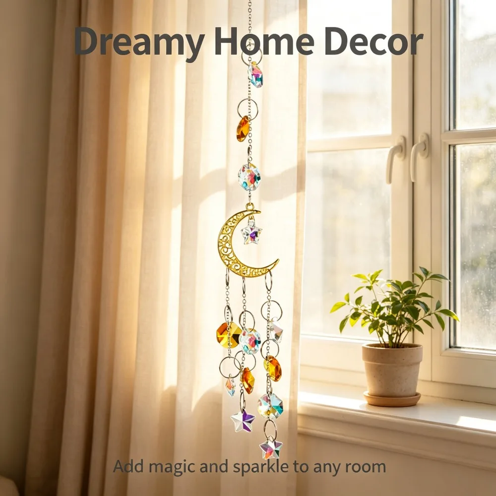Moon Star Sun Catcher Crystal Window Hanging Prism Rainbow Garden Decor Wind Chime Chandelier Ornament Christmas Home Decor Gift