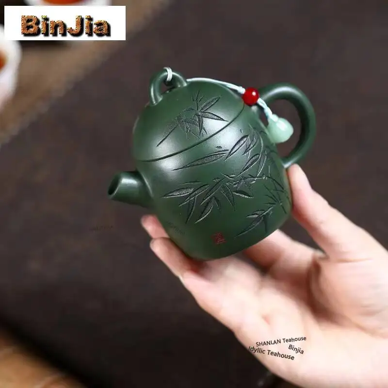 140ml Boutique Yixing Purple Clay Teapots Handmade Bamboo Qin Quan Pot Raw Ore Green Mud Kettle With Filter Chinese Zisha Teaset