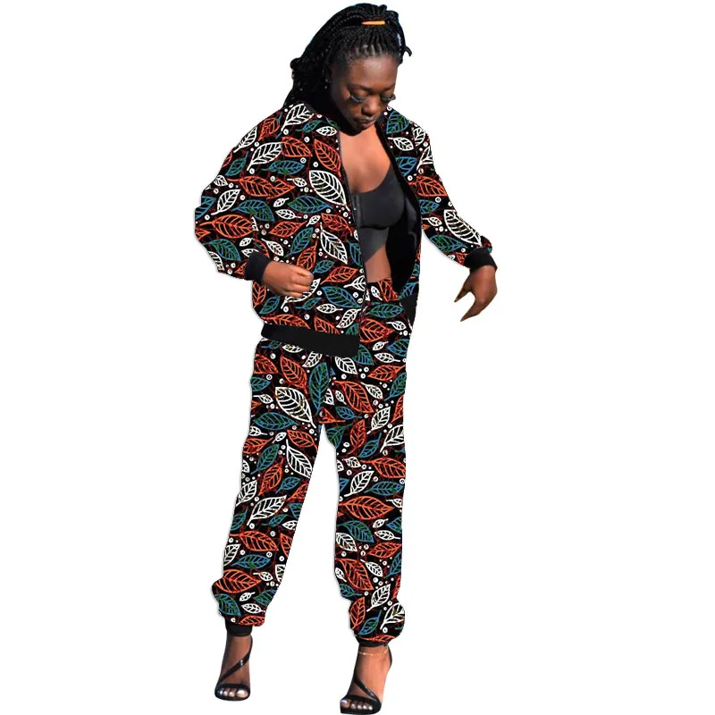 طقم مكون من قطعتين بنمط أوراق الطباعة الأفريقية بدلة رياضية نسائية غير رسمية بسحاب وسراويل ملابس أنقرة للسيدات #6