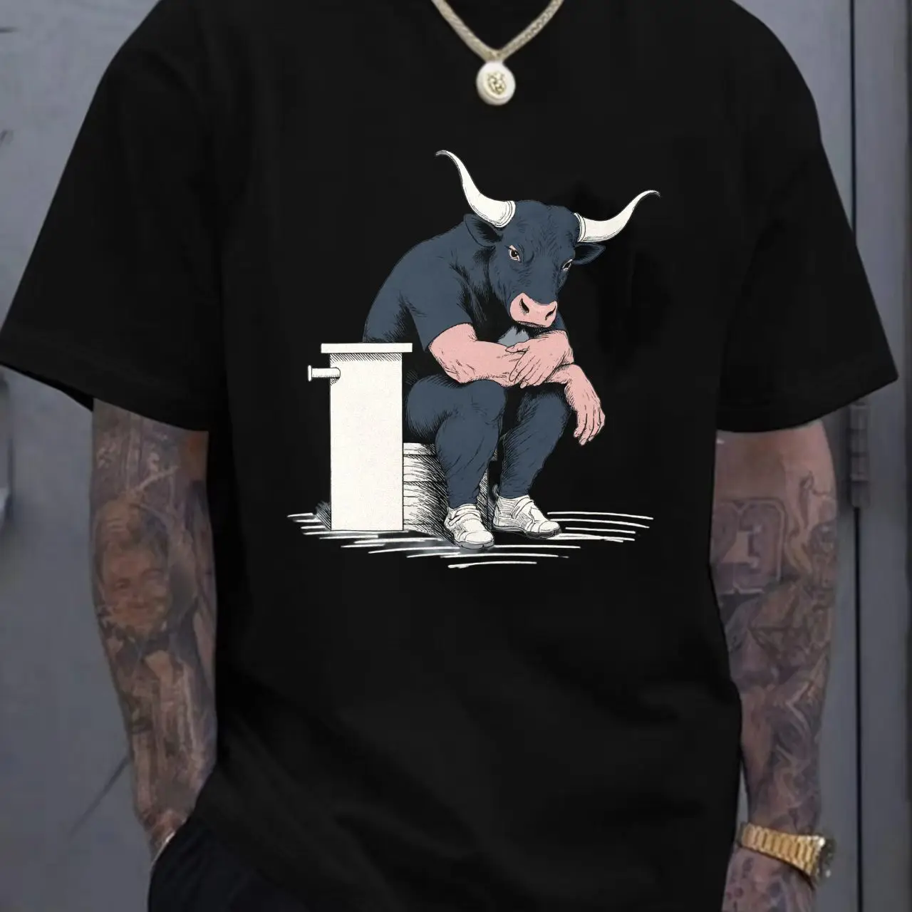 

Stylized Sad Black Bull Illustration on White T-Shirt - Dark Blue Shirt & Pants, White Sneakers, Whimsical Contemplative Design,