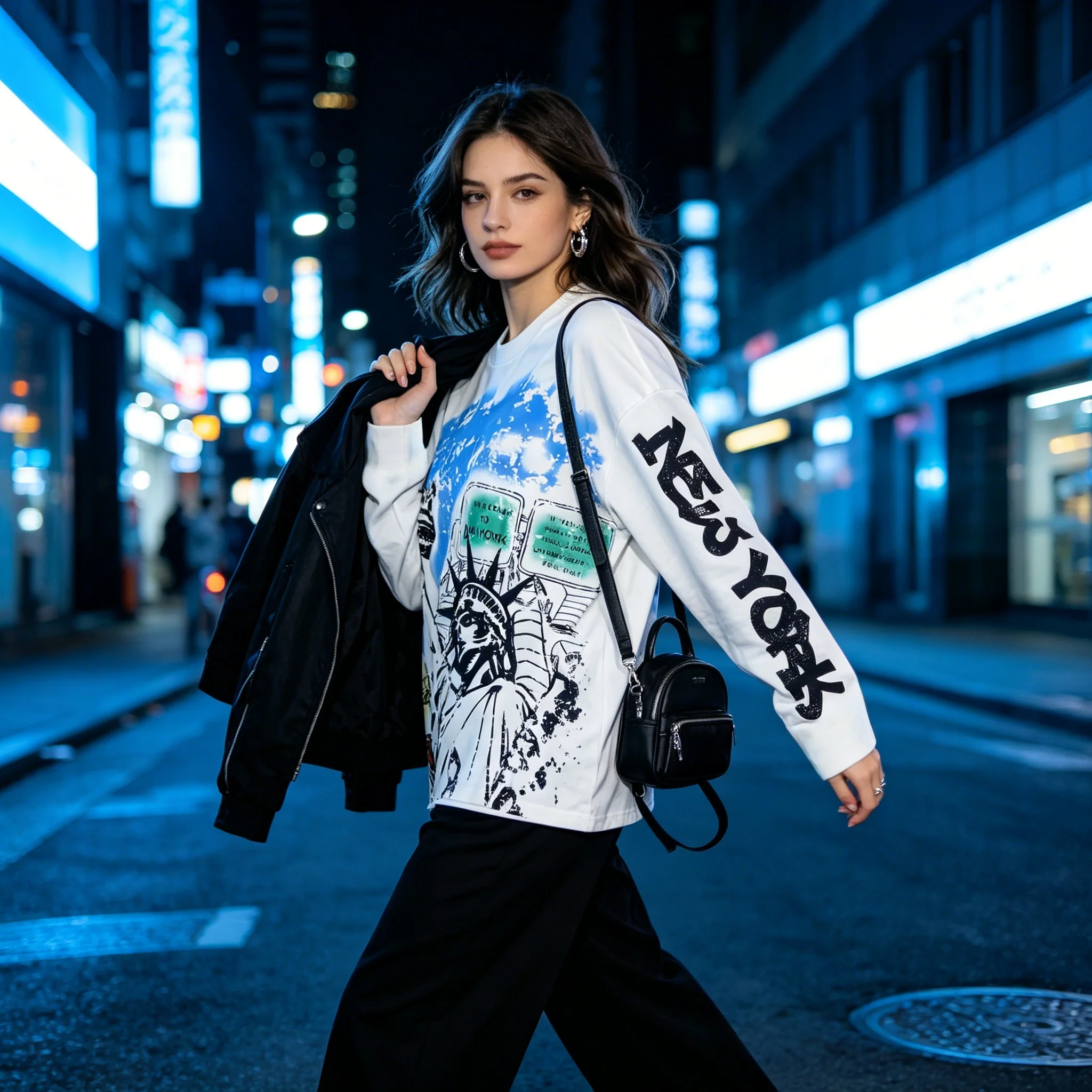 Women Summer T Shirt New York City Landmark Graphic Letter Print Round Neck Long Sleeve Trendy Top Y2K Street Daily Wear
