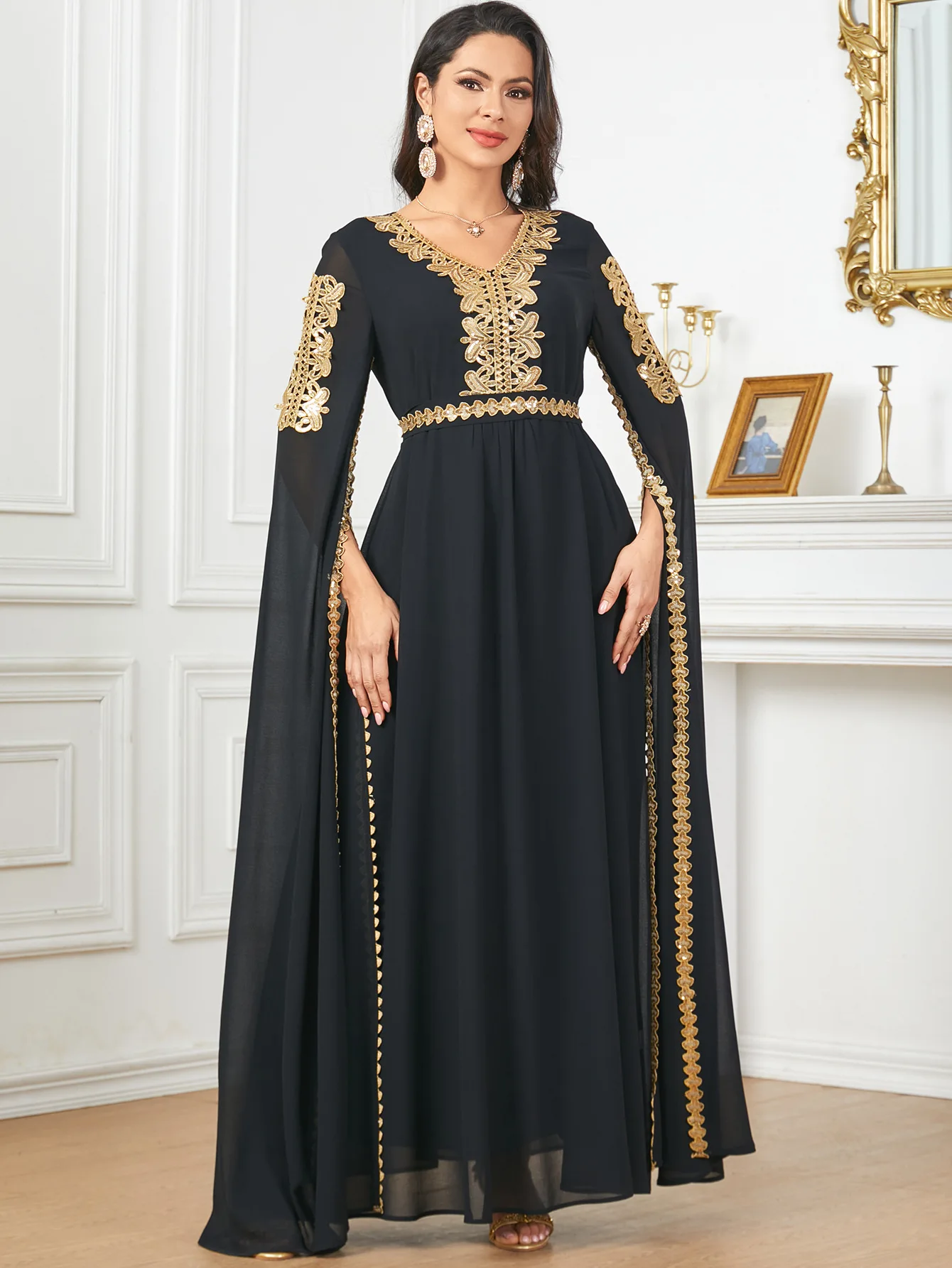 

Muslim Saudi Women Elegant Ethnic Dresses With Sashes Lace Tape Super Long Sleeve Dress Turkish African Party Abayas Gown 2024