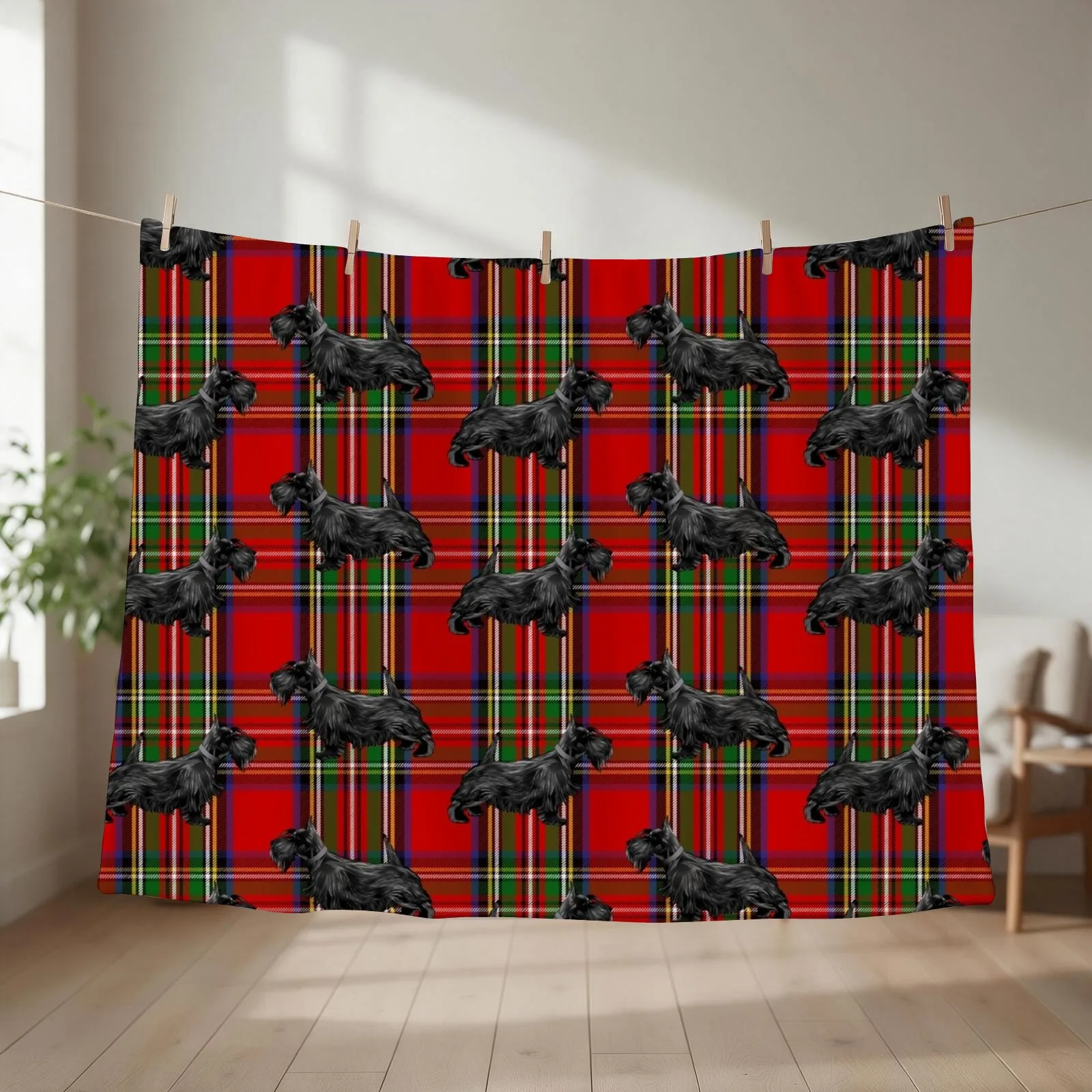 Scottie Dog on Red Scottish Tartan Throw Blanket couch cozy soft plush fuzzy picnic outdoor blanket