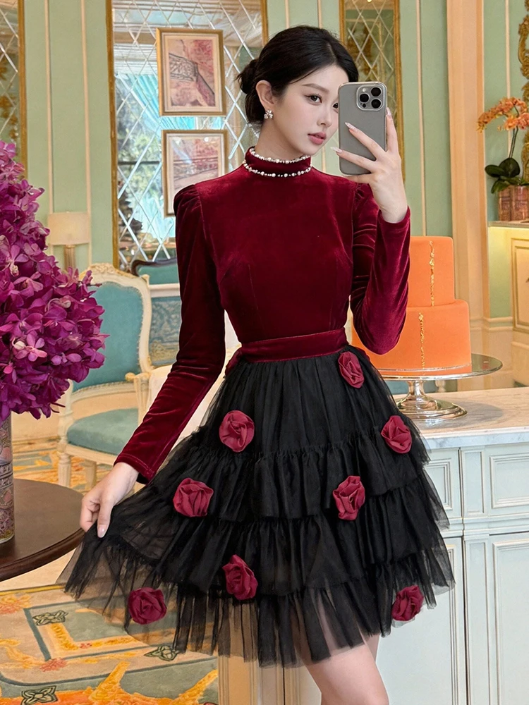 

Женское мини-платье из бархата и фатина с аппликацией в виде роз, весеннее, с высоким воротником, облегающее, с рюшами, А-силуэт, элегантное, для вечеринок, свиданий, на каждый день, модное