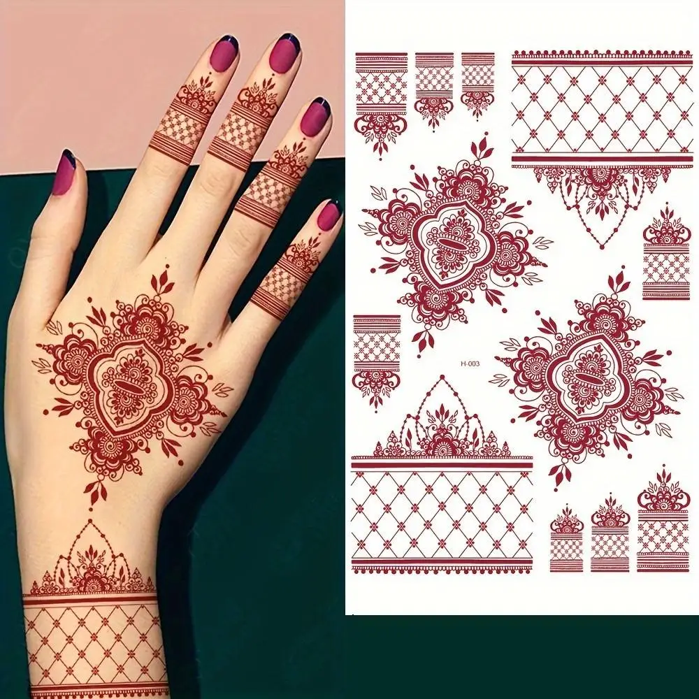 ملصقات وشم الحناء المقاومة للماء للنساء على شكل زهرة حمراء وشم مزيف لليد وشم مؤقت لمهرجان حفلات الزفاف