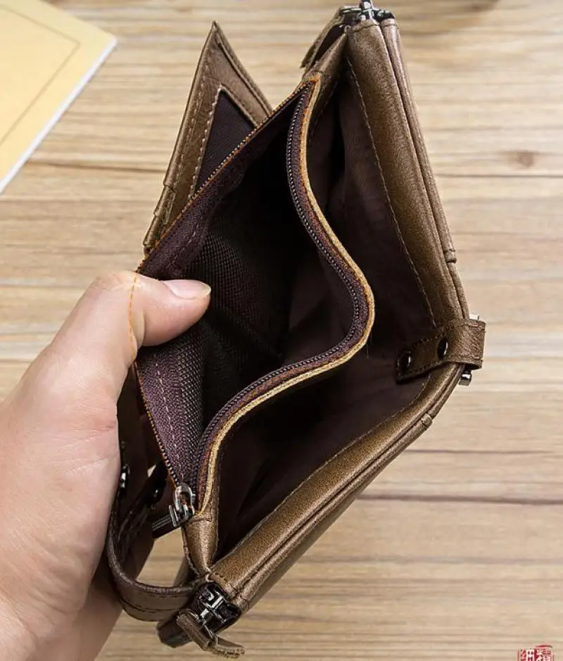 

Genuine Leather Top-Layer Cowhide Retro Zipper Three Fold Leather Clip Wallet Coin Card Money Storage Bag for Men