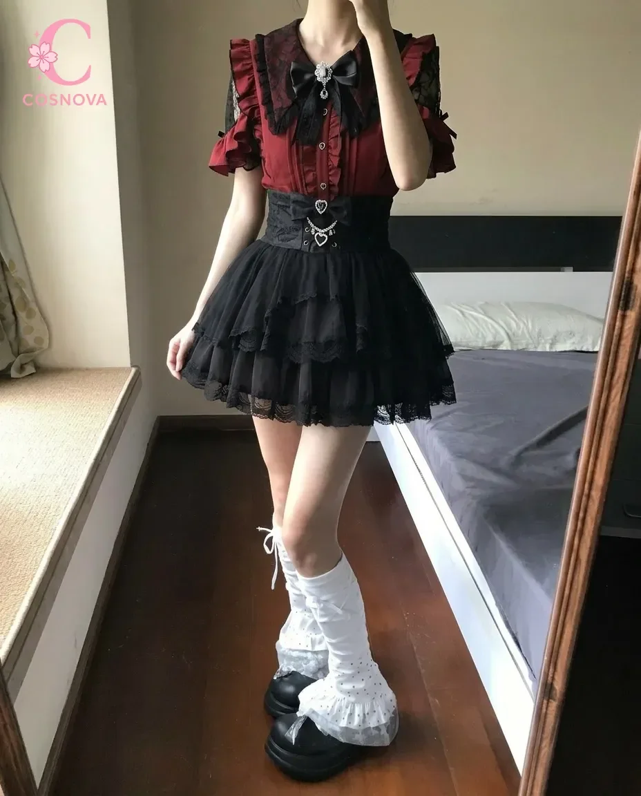 Gothic Lolita Jirai Kei 2 Piece Set Women Red Ruffle Lace Bow Rhinestone High Waist Tiered Mini Skirt Party Outfit