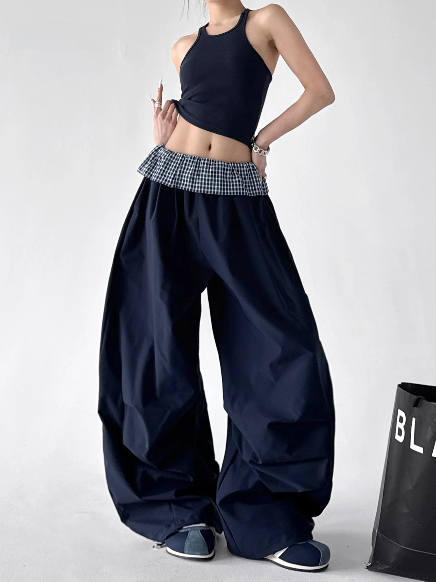 

American Sle Spring 2026 Women's Jazz Dance Wide Leg Pants Tu Waist Plaid Splicing Pleated Skirt Sle Unique Blade ape