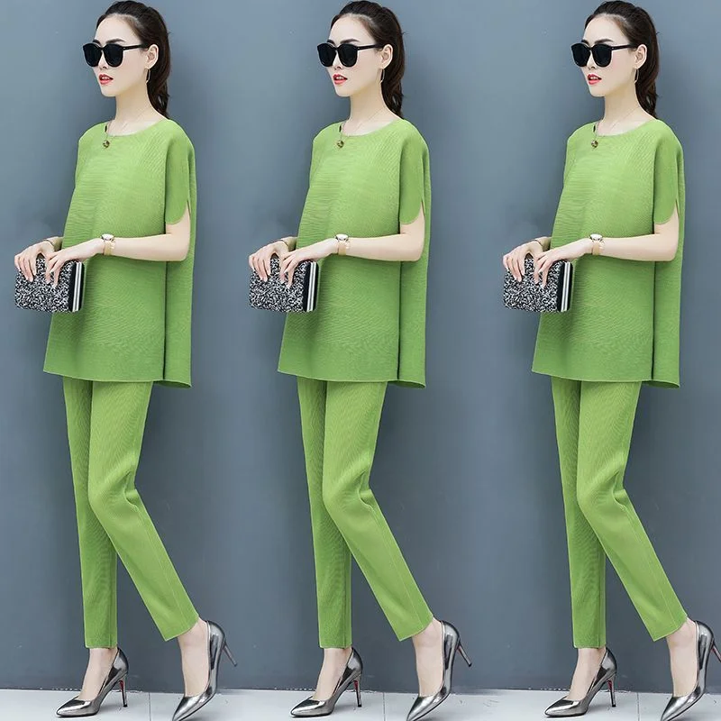 

Fashionable Pleated Loose Casual Set for Women Spring Summer New Arrival Korean Style Big Size Elegant Ladies Suit 007