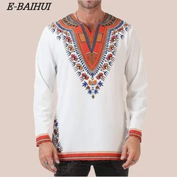 E-BAIHUI Odeneho Shirts Men's White Polished Cotton Tops with Dashiki  African Clothing Male Plus Size Long Knit Shirts