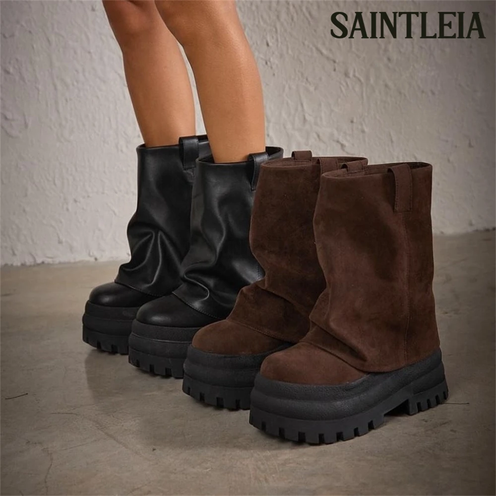 

Asymmetric Toe Chunky Booties Crepe Textured Midsole Slip on Boots Designer Style Leather Mid Calf Boots Platform Handmade Boots