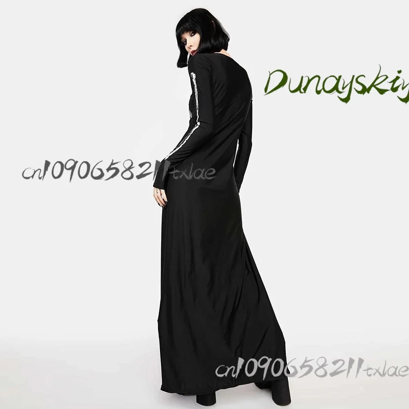 فستان ماكسي قوطي Y2K - فستان الهالوين/عيد الميلاد/عيد الفصح/أوكتوبرفيست متعدد الاستخدامات بطباعة جمجمة