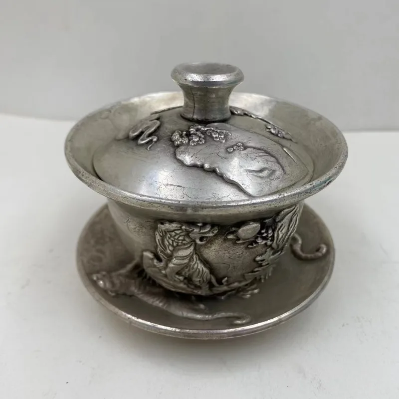 Antique Style Silver Tone Carved Mountain Scene Beast Handle Gaiwan Teacup Collection Chinese Tea Art Ornament