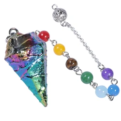 Healing 7 Chakra Titanium Coated Crystal Pendulum Reiki Rainbow Electroplated Crystal Pendant For Dowsing Divination 7