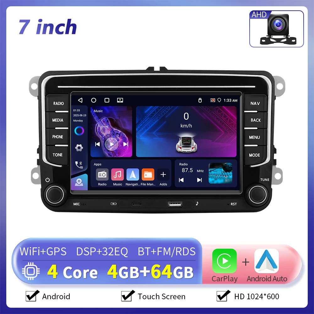 Camecho 7 Inch Draadloze CarPlay Android Auto Radio GPS Multimedia Voor Volkswagen VW Passat B6 B7 CC Tiguan Touran GOLF POLO