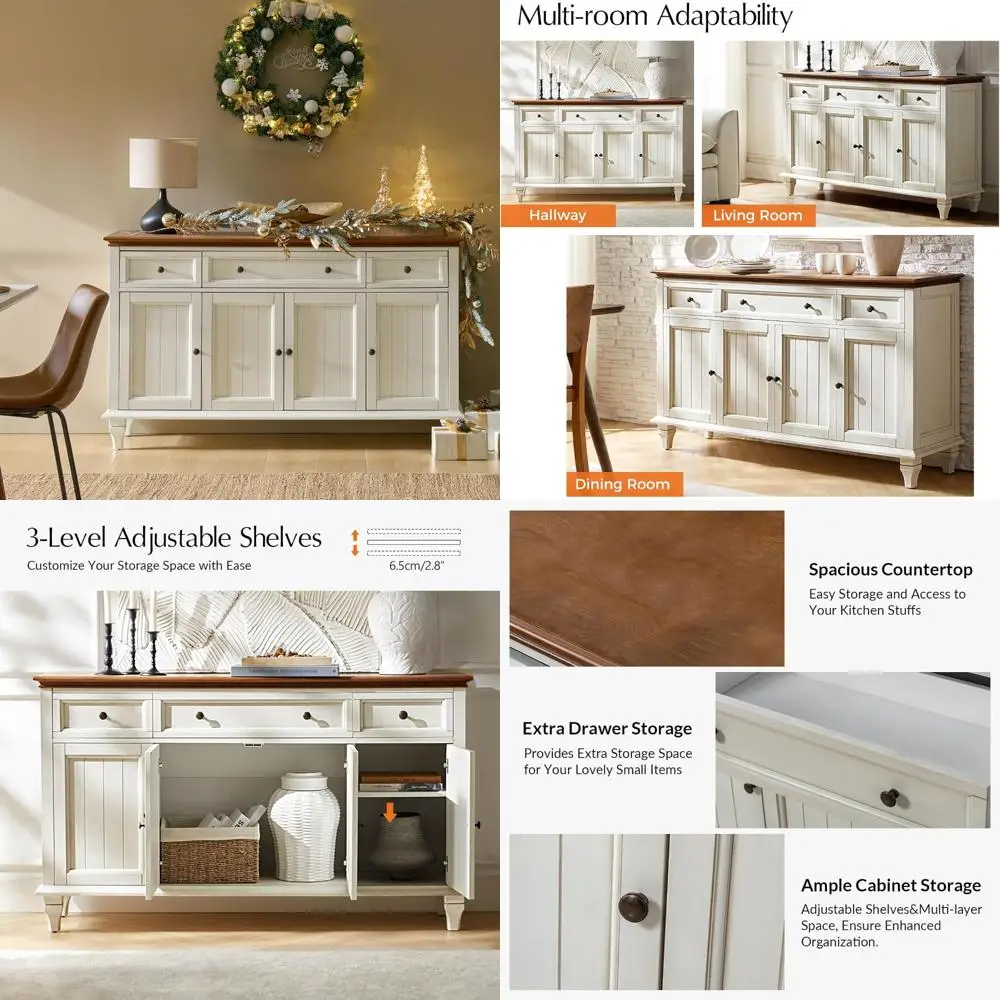 

Modern Farmhouse Style Sideboard with Chic Channel Tufting, 58 Kitchen Buffet Cabinet Featuring 4 Gold Metal Handles and Chic Ch