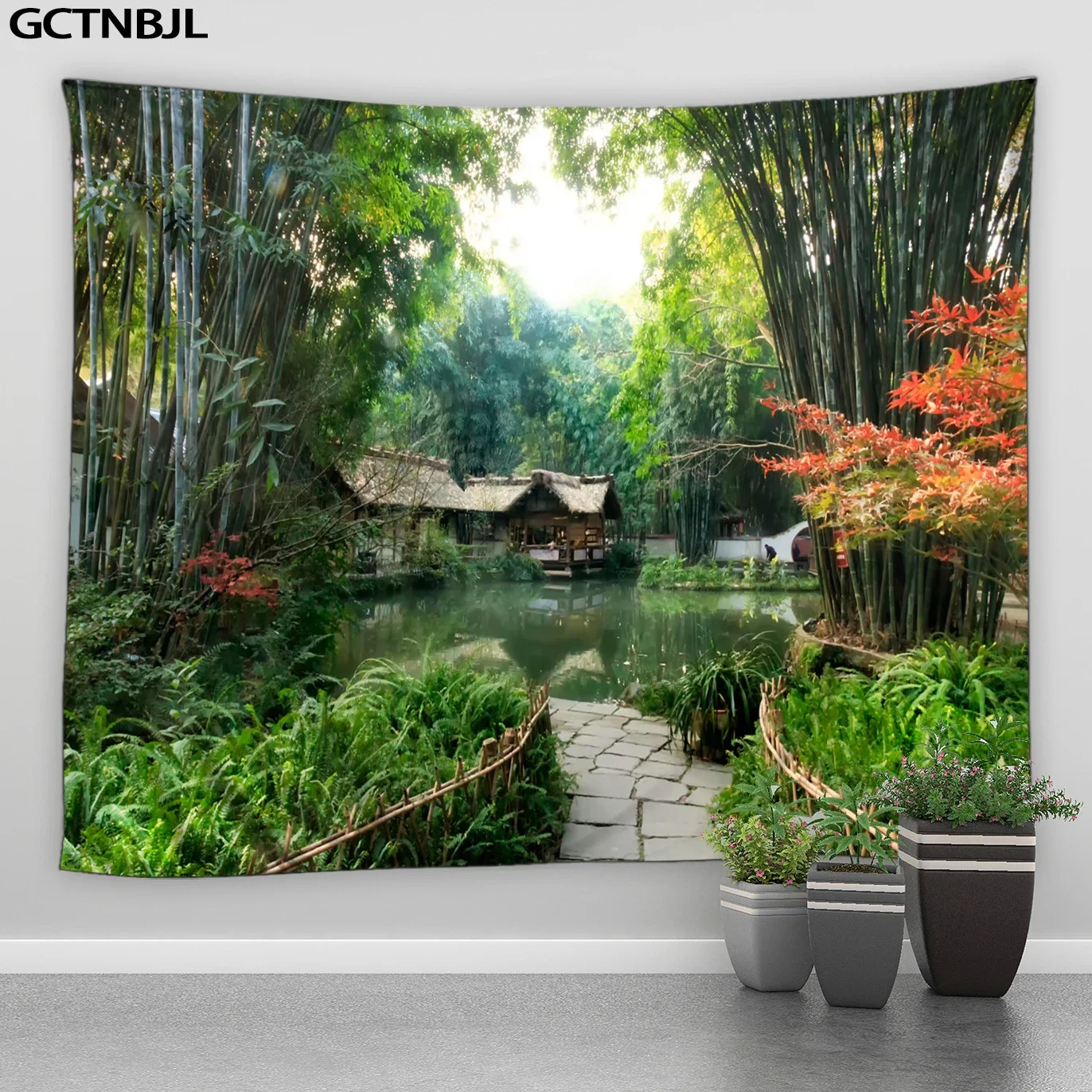 Bamboo Forest Garden Scenery Tapestry Wall Hanging Park Spring Nature Landscape Waterfall Aesthetic Tapestries for Home Decor