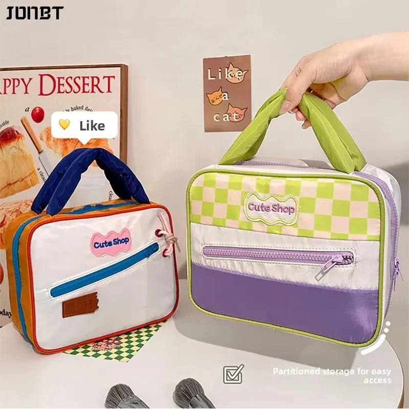 

Large Capacity Contrasting Colors Cosmetic Bag Toiletries Organizer Cotton Stuffed Handle Makeup Pouch Bag Korean Style Handbag