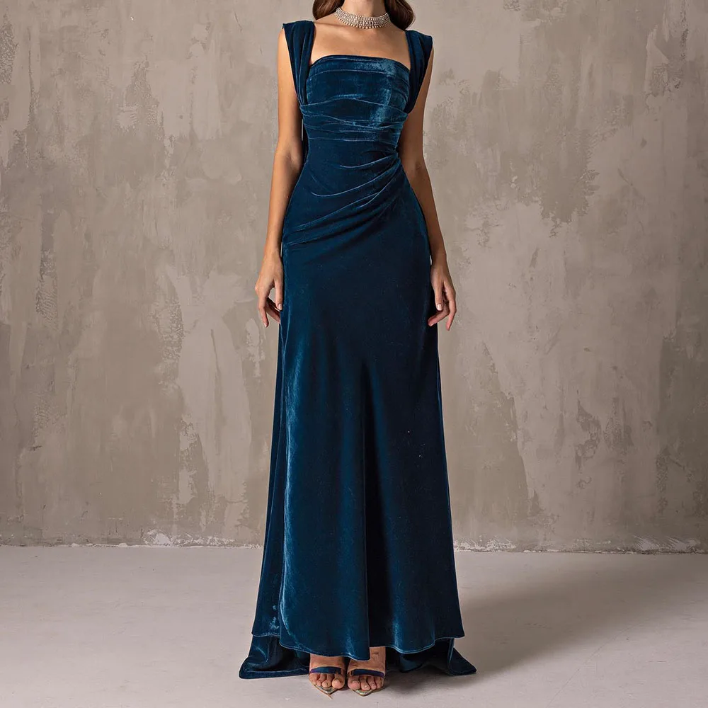 

Customized Classic Jersey A-Line Cap Sleeve Evening Dress Strapless Sleeveless Floor Length Panel Train Vestidos de fiesta