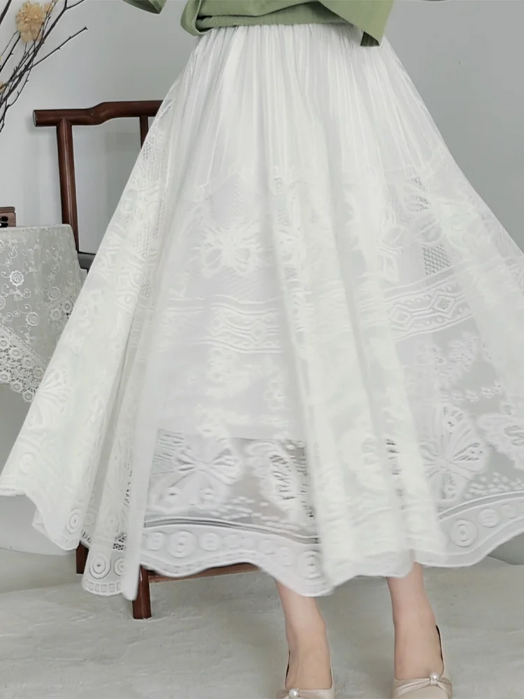 Elegant Ladylike Lace  Skirt Versatile Mid-Length Autumn New Style Daily Wear Low Waist Design Polyester Fabric