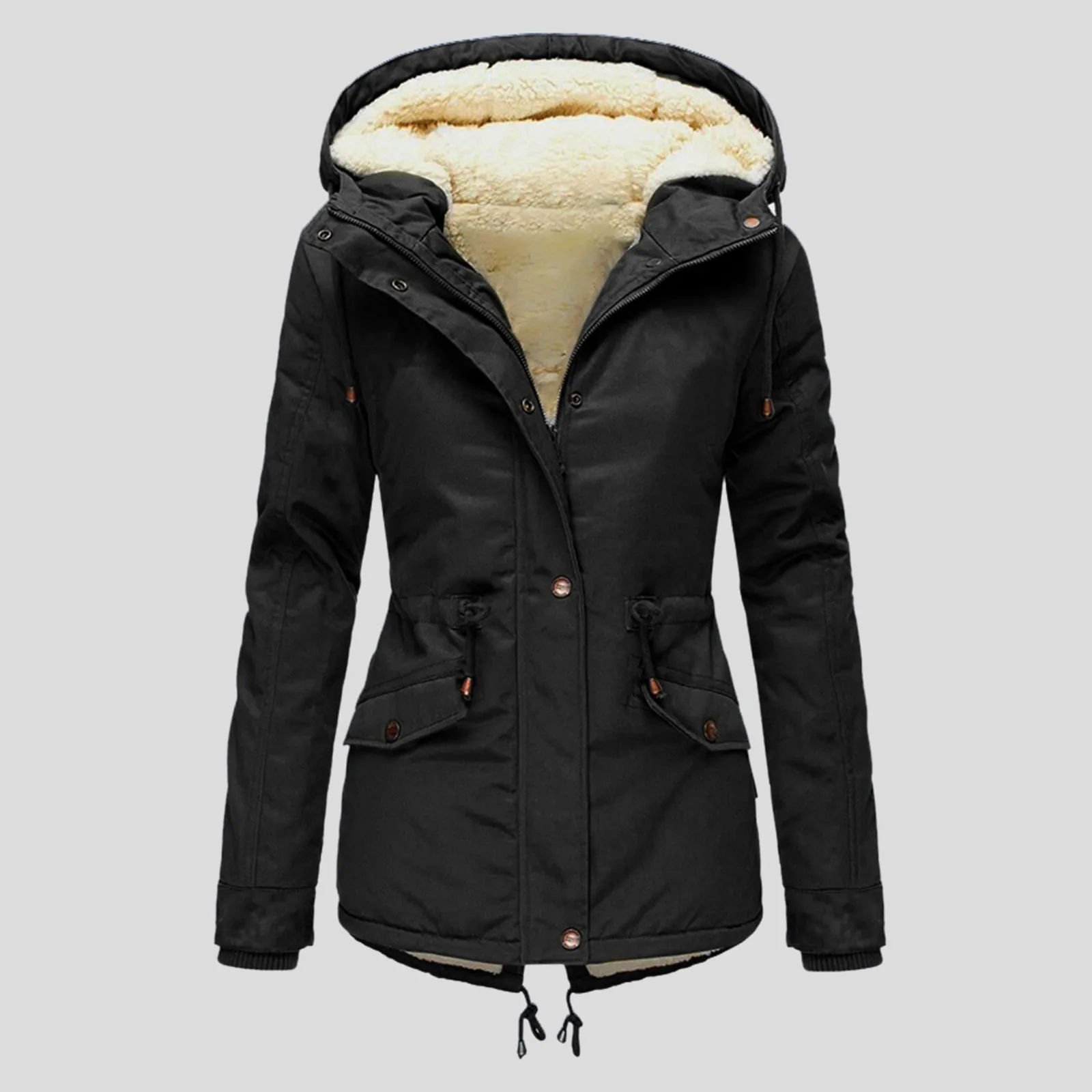 Imagem -05 - Parkas com Capuz Monocromático de lã Sintética Feminino Jaqueta com Zíper Blusão Cabolsas com Bolsos Casual Simples Quente Outwear Feminino Inverno