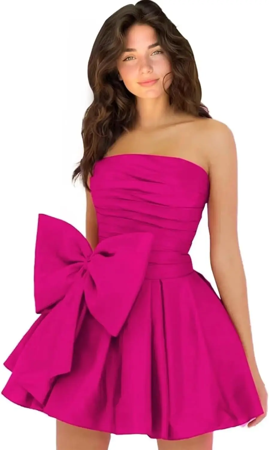 

Teenage Strapless Pleated Satin Back To School Dress with Bow Tie,Short A-line Dance Gown MiniCocktail Party Dress for Teenagers