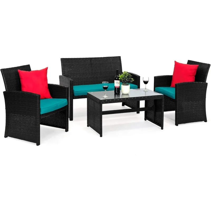 4-Piece Outdoor Wicker Patio Conversation Furniture Set for Backyard w/Coffee Table, Seat Cushions - Black/