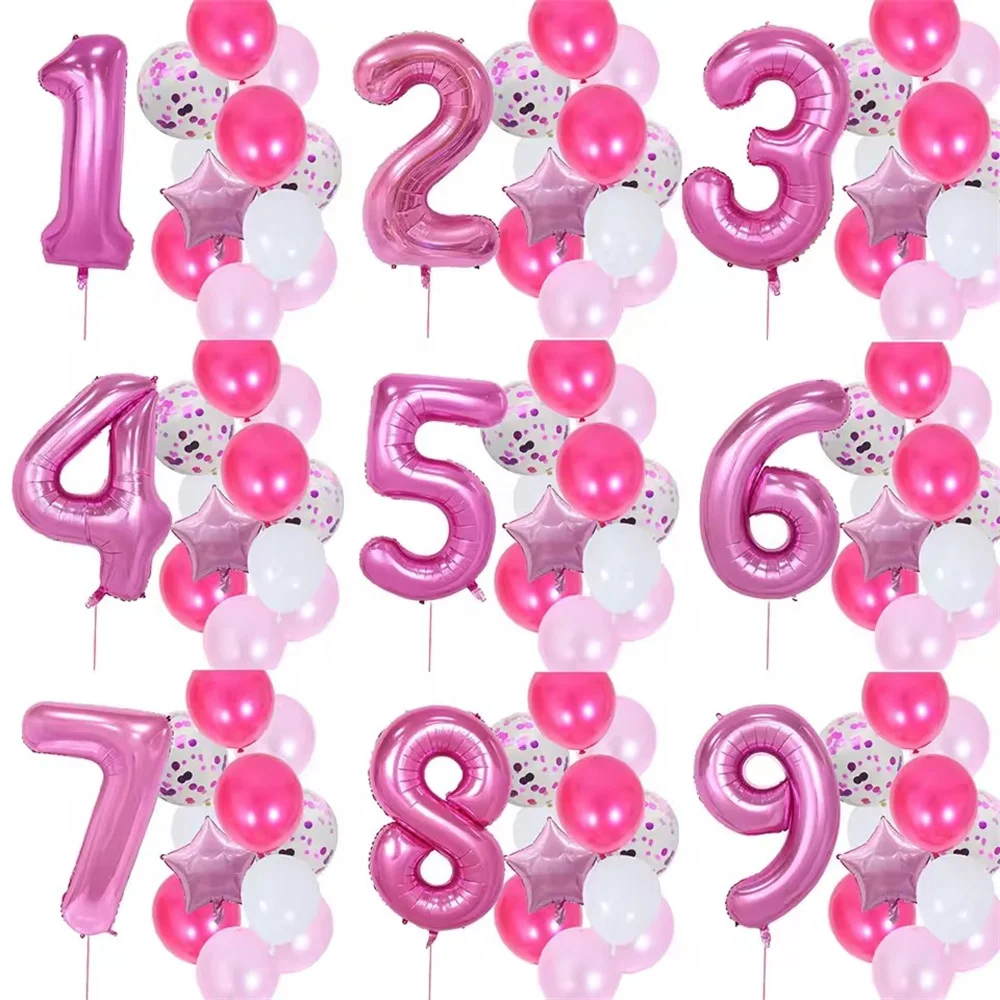 12 قطعة بالونات حفلات أعياد الميلاد الأولى للفتيات بالونات أرقام وردية لتزيين أعياد الميلاد للفتيات 1 2 3 4 5 6 7 8 9 سنوات لوازم الحفلات