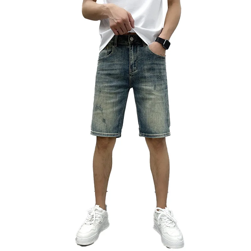 Thin-Style Blue Denim Shorts Men's High-End and Fashionable Slim Fit Stretch Retro Washed Casual Street Summer Pirate Shorts