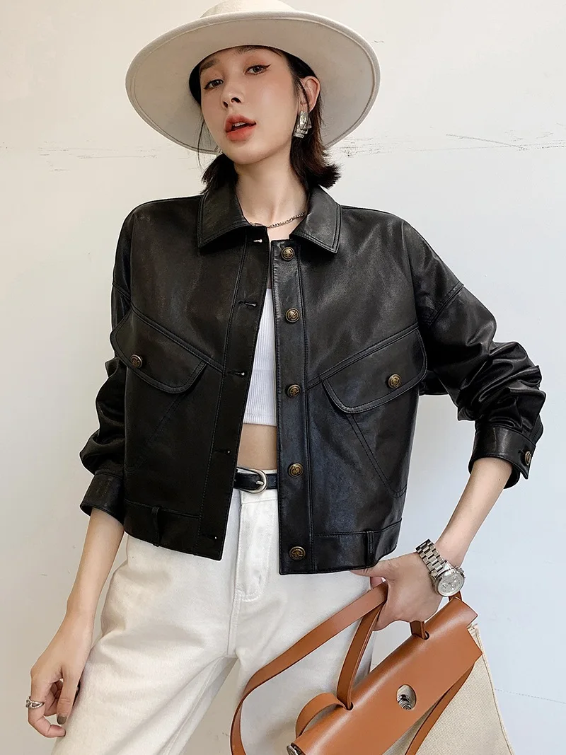 2024 Genuine leather jacket, women's short casual and versatile jacket,  Spring and Autumn new slimming motorcycle jacket,