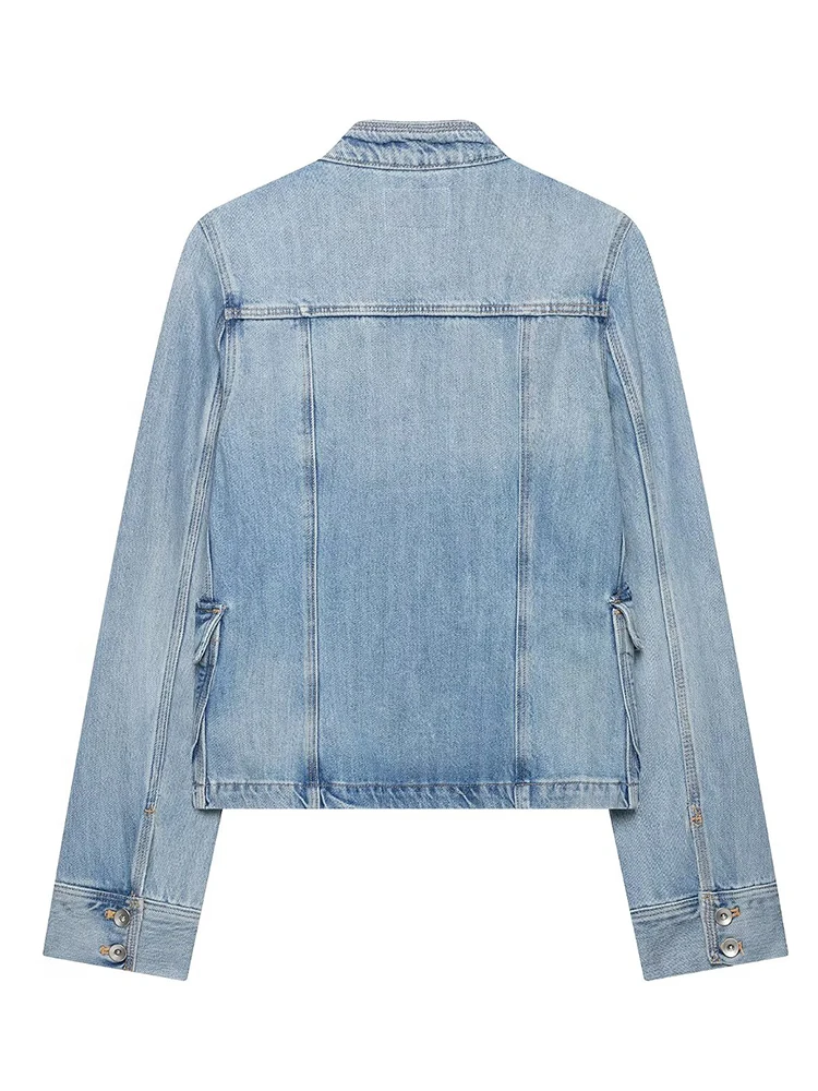 Casual Women’s Cropped Denim Jacket Spring Autumn Long Sleeve Stand Collar Pocket Decoration Short Coat Female Streetwea Y2K