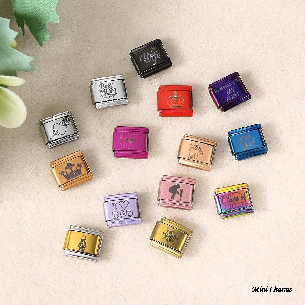 Colorful Laser Engrave Pattern Logo Word Customization Personal Link Italian Charm Fit 9mm Stainless Steel Bracelet Beads