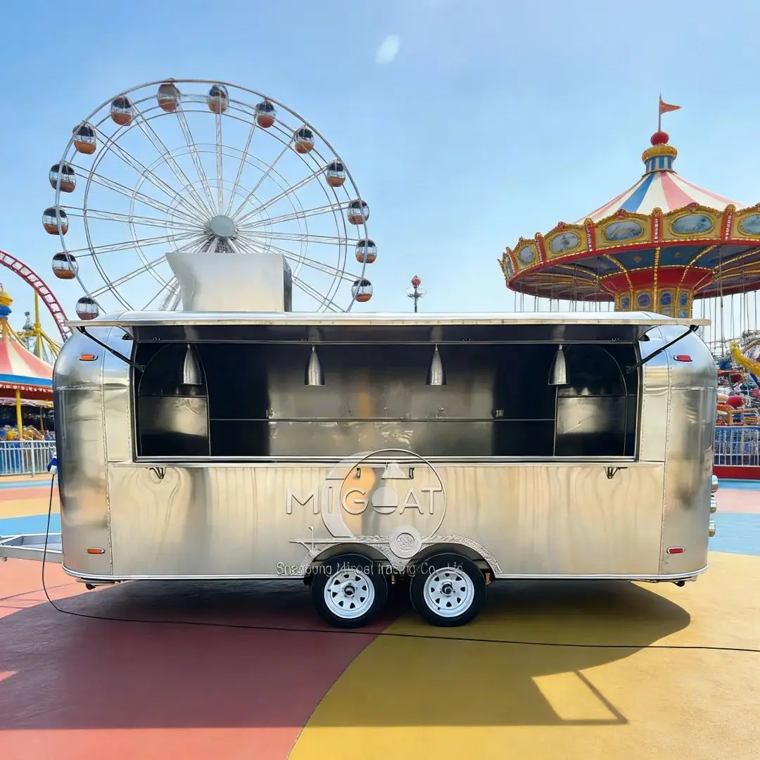 Commercial Mobile Catering Trailer Mirror Polished Stainless Steel Food Cart with Lighting And Power System for Cross-border Use
