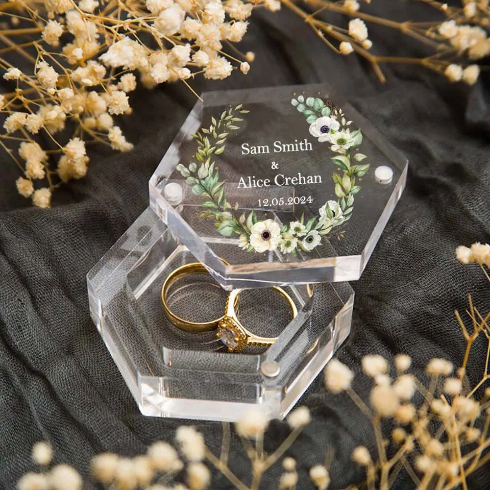 1pc Customized Flower Ring Carrier Box Transparent Acrylic Wedding Ring Box Bride Wedding Gift Engagement Ring Box