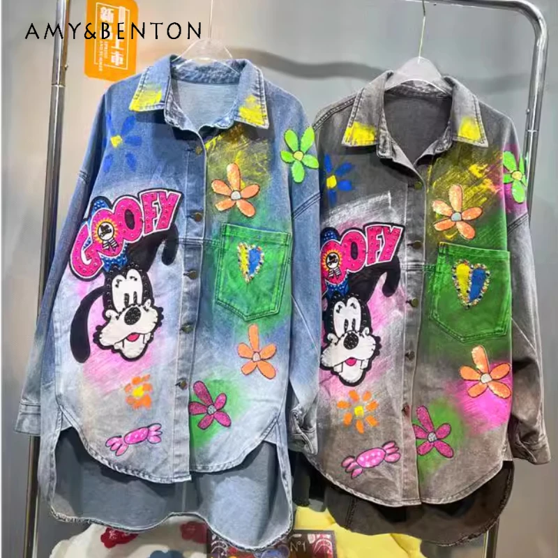 New Graffiti Cartoon Bead Labeling Denim Jacket Women's Loose Medium And Long Shirt Single-breasted Top Coat Chaquetas De Mujer